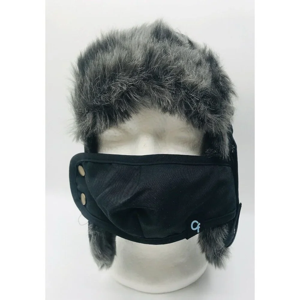 Cold Front Winter Hat Boys Size 8-16 Black Gray Faux Fur Mouth Cover Fleece Line